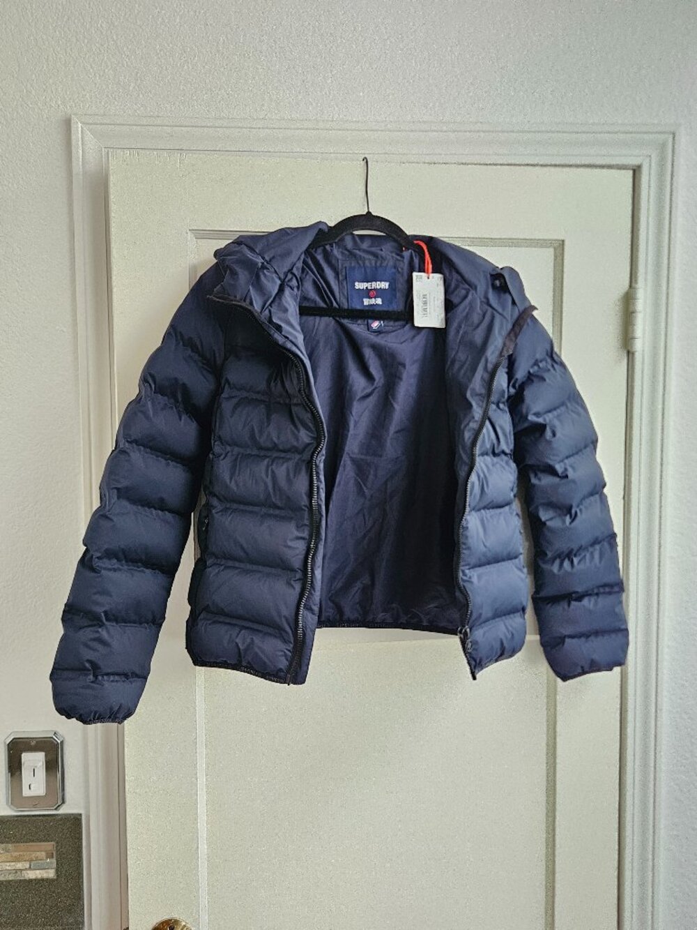 NWT Womens Superdry Fuji Hooded Puffer Jacket US 4 Extra Small XS Navy Blue